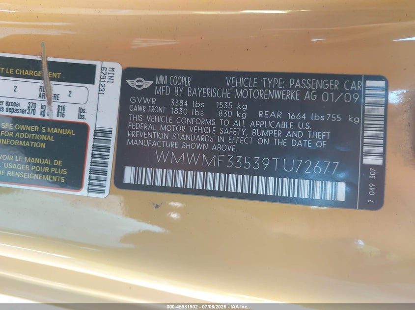2009 Mini Cooper VIN WMWMF33539TU72677 IAAI salvage auction — FRONT END, Salvage (California), sold $625 on 2026-08-03 (photo 9)