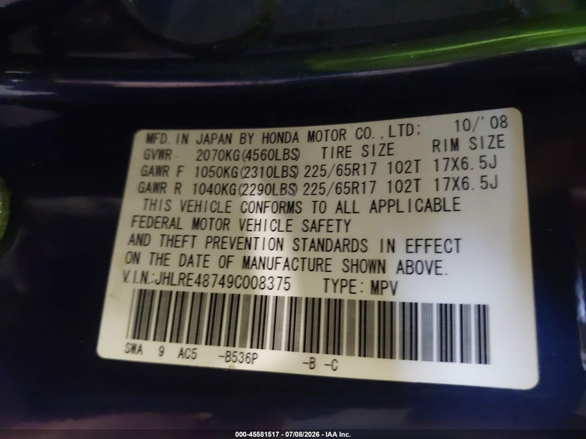 2009 Honda Cr-v VIN JHLRE48749C008375 IAAI salvage auction — SIDE, Mv-907A (New York), sold $1,800 on 2026-07-22 (photo 9)