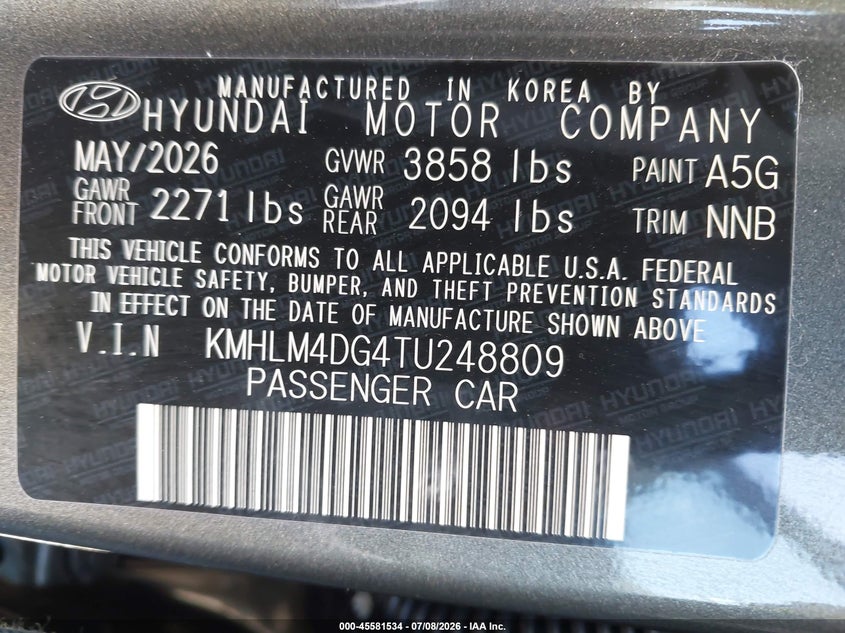 2026 Hyundai Elantra VIN KMHLM4DG4TU248809 IAAI salvage auction — RIGHT FRONT, Enterprise Vehicles Clear Only (Oregon), sold $12,900 on 2026-07-13 (photo 9)