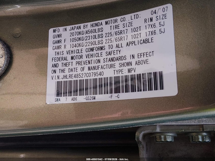 2007 Honda Cr-v VIN JHLRE48527C079540 IAAI salvage auction — FRONT END, Salvage (Tennessee), sold $625 on 2026-07-23 (photo 9)