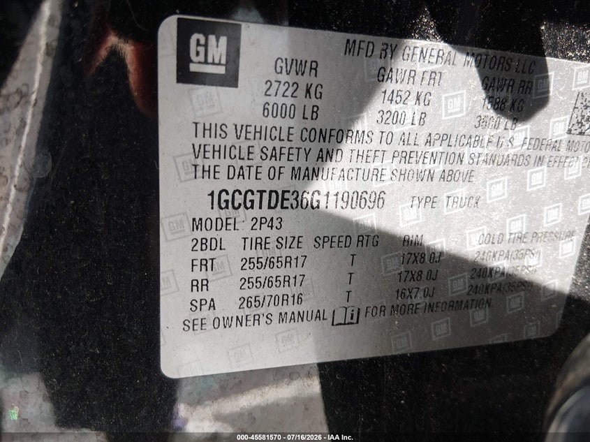 2016 Chevrolet Colorado VIN 1GCGTDE36G1190696 IAAI salvage auction — REAR END, Salvage (North Carolina), sold $8,200 on 2026-07-30 (photo 9)