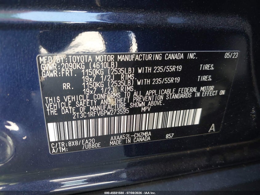 2023 Toyota Rav 4 VIN 2T3C1RFV6PW273595 IAAI salvage auction — REAR END, Salvage Title, sold $9,100 on 2026-07-29 (photo 9)