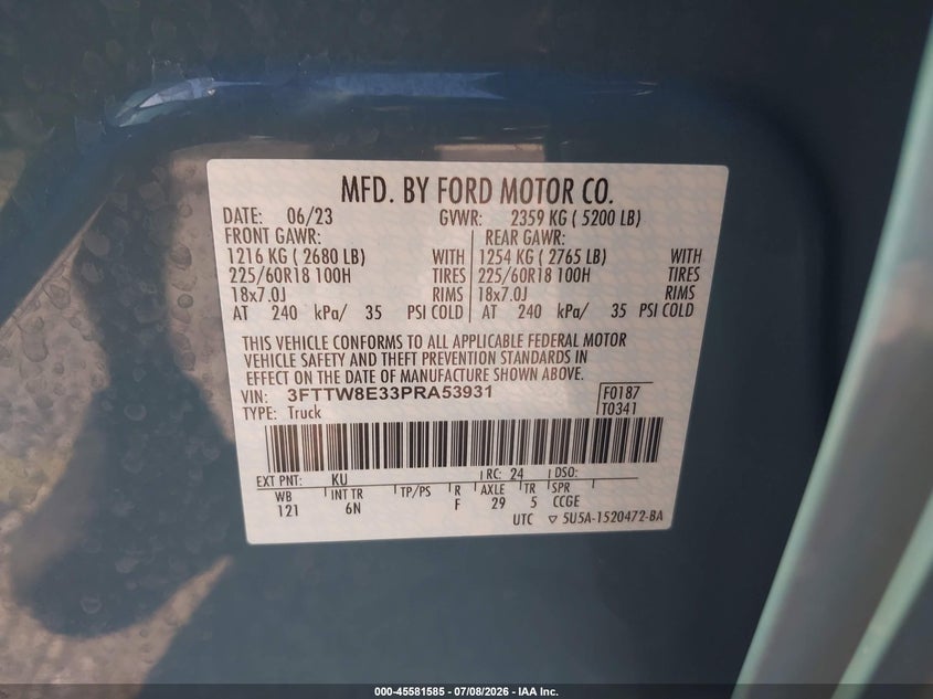2023 Ford Maverick VIN 3FTTW8E33PRA53931 IAAI salvage auction — REAR END, Rebuildable (Florida), sold $10,600 on 2026-08-01 (photo 9)