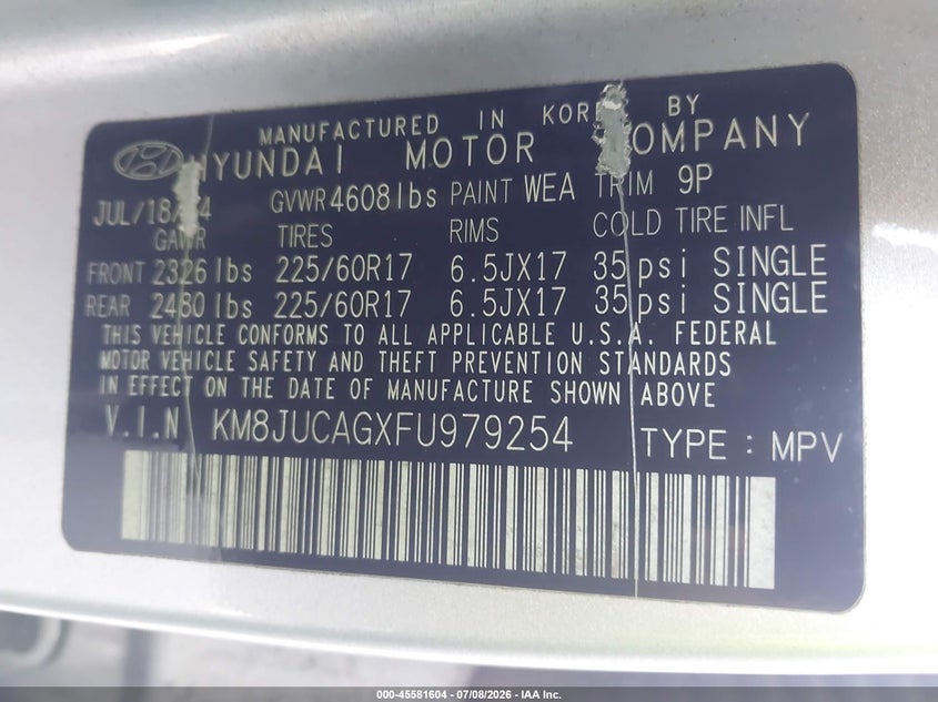 2015 Hyundai Tucson VIN KM8JUCAGXFU979254 IAAI salvage auction — NORMAL WEAR, Clear (Pennsylvania), sold $2,550 on 2026-07-17 (photo 9)