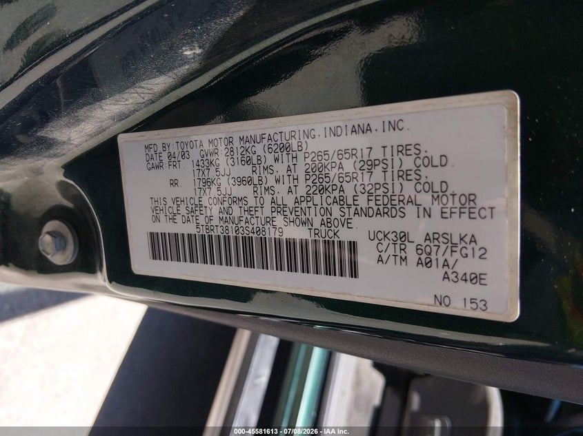 2003 Toyota Tundra VIN 5TBRT38103S408179 IAAI salvage auction — FRONT END, Salvage (Texas), sold $975 on 2026-08-02 (photo 9)