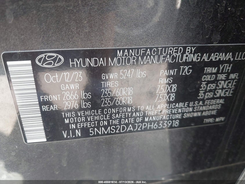 2023 Hyundai Santa fe VIN 5NMS2DAJ2PH633918 IAAI salvage auction — REAR END, Salvage Title, sold $7,000 on 2026-07-28 (photo 9)