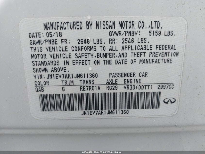 2018 Infiniti Q50 VIN JN1EV7AR1JM611360 IAAI salvage auction — NORMAL WEAR, Clear (Virginia), sold $6,275 on 2026-07-28 (photo 9)