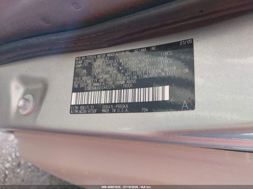 2005 Toyota Tundra VIN 5TBDT44145S482276 IAAI salvage auction — NORMAL WEAR, Clear-Endorsement (Wisconsin), sold $950 on 2026-07-30 (photo 9)