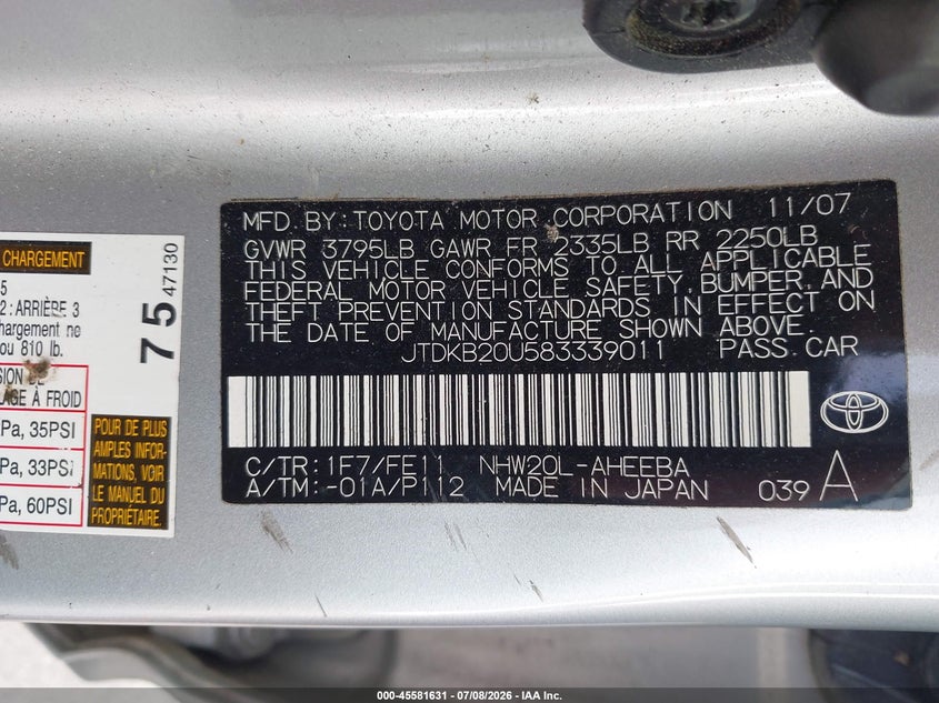 2008 Toyota Prius VIN JTDKB20U583339011 IAAI salvage auction — NORMAL WEAR, Clear (Virginia), sold $1,850 on 2026-07-30 (photo 9)