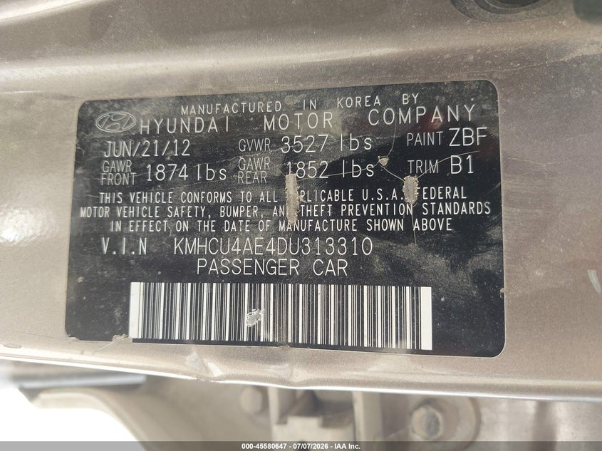 2013 Hyundai Accent VIN KMHCU4AE4DU313310 IAAI salvage auction — NORMAL WEAR, Original (Texas), sold $475 on 2026-07-28 (photo 9)