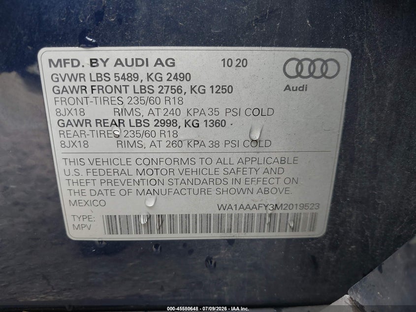 2021 Audi Q5 VIN WA1AAAFY3M2019523 IAAI salvage auction — LEFT REAR, Salvage Title, sold $9,200 on 2026-07-29 (photo 9)