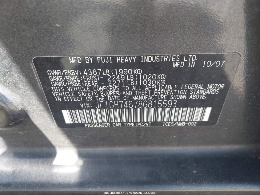 2008 Subaru Impreza VIN JF1GH74678G815593 IAAI salvage auction — FRONT END, Clear - Dealer Only (California), sold $775 on 2026-07-29 (photo 9)