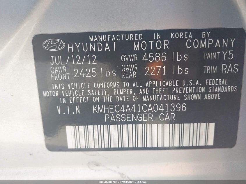 2012 Hyundai Sonata VIN KMHEC4A41CA041396 IAAI salvage auction — NORMAL WEAR, Clear (Illinois), sold $25 on 2026-07-23 (photo 9)