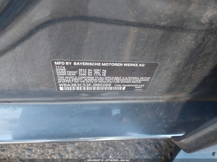 2015 BMW 3er VIN WBA3B3C53FJ985099 IAAI salvage auction — REAR END, Salvage (Colorado), sold $25 on 2026-08-21 (photo 9)