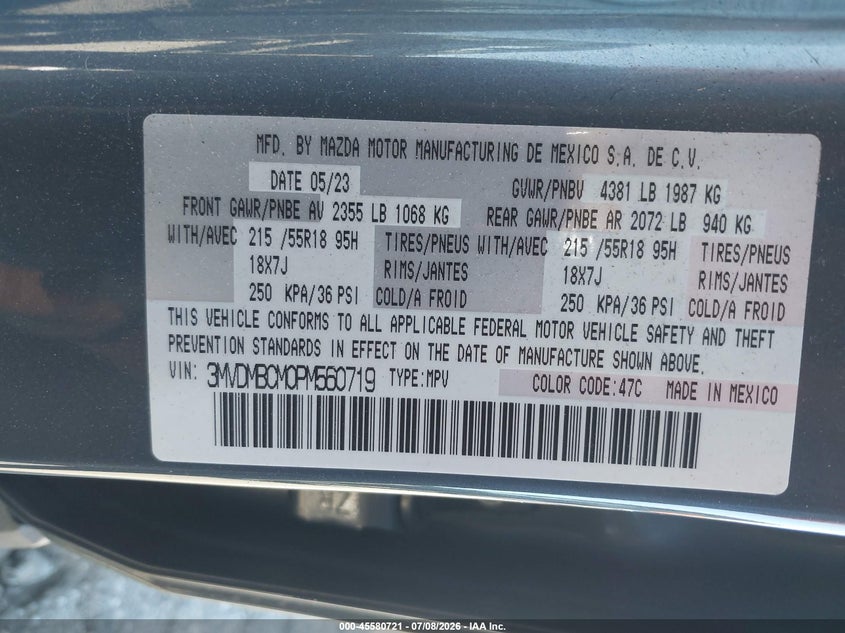 2023 Mazda Cx-30 VIN 3MVDMBCM0PM560719 IAAI salvage auction — REAR END, Salvage (California), sold $7,600 on 2026-07-27 (photo 9)