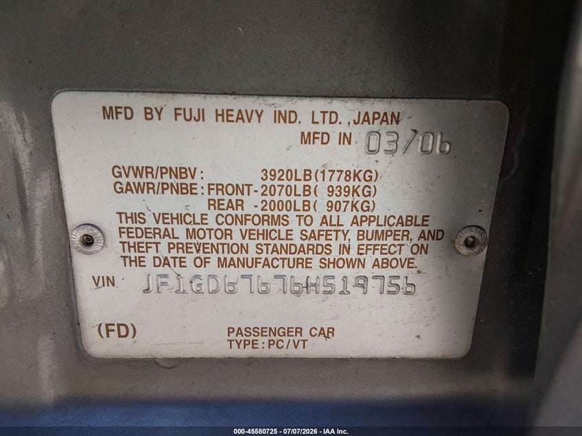 2006 Subaru Impreza VIN JF1GD67676H519756 IAAI salvage auction — NORMAL WEAR, Clear - Dealer Only (California), sold $400 on 2026-07-29 (photo 9)