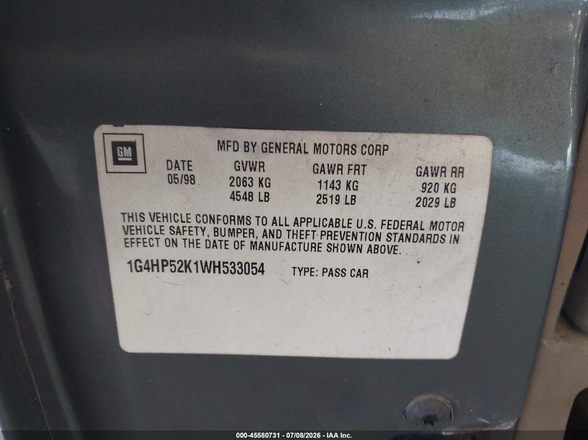 1998 Buick Lesabre VIN 1G4HP52K1WH533054 IAAI salvage auction — LEFT SIDE, Rebuildable (Florida), sold $275 on 2026-08-29 (photo 9)