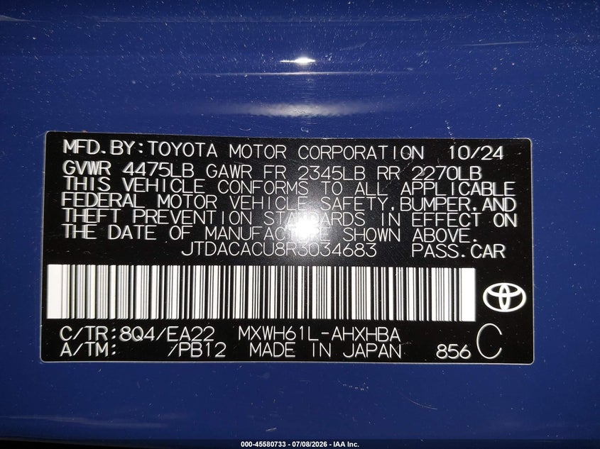 2024 Toyota Prius VIN JTDACACU8R3034683 IAAI salvage auction — RIGHT FRONT, Salvage Title, sold $11,750 on 2026-08-20 (photo 9)
