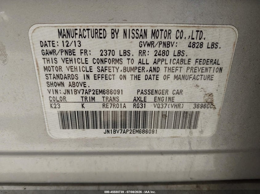 2014 Infiniti Q50 VIN JN1BV7AP2EM686091 IAAI salvage auction — NORMAL WEAR, Clear (Florida), sold $675 on 2026-07-28 (photo 9)