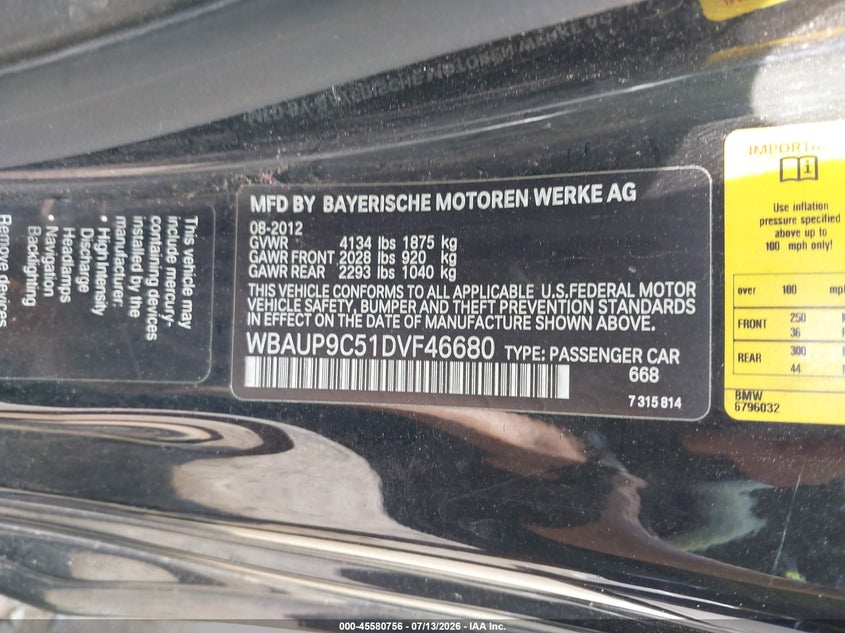 2013 BMW 1er VIN WBAUP9C51DVF46680 IAAI salvage auction — RIGHT FRONT, Salvage Title, sold $25 on 2026-07-24 (photo 9)