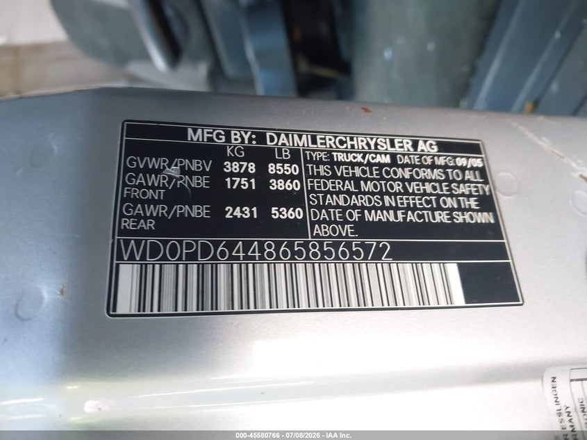 2006 Dodge Sprinter VIN WD0PD644865856572 IAAI salvage auction — NORMAL WEAR, Clear - Dealer Only (California), sold $1,525 on 2026-07-16 (photo 9)