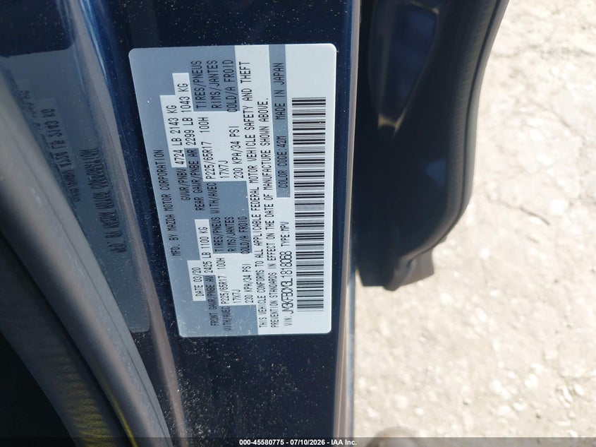 2020 Mazda Cx-5 VIN JM3KFBCM3L1818068 IAAI salvage auction — UNKNOWN, Salvage (Pennsylvania), sold $6,200 on 2026-07-31 (photo 9)