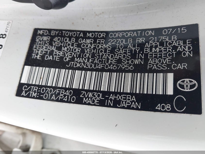 2015 Toyota Prius VIN JTDKN3DU4F0467956 IAAI salvage auction — FRONT END, Salvage (Georgia), sold $3,000 on 2026-08-08 (photo 9)