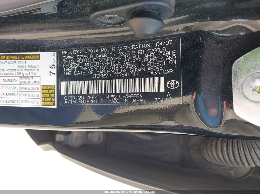 2007 Toyota Prius VIN JTDKB20U277641217 IAAI salvage auction — NORMAL WEAR, Clear (Texas), sold $25 on 2026-07-30 (photo 9)