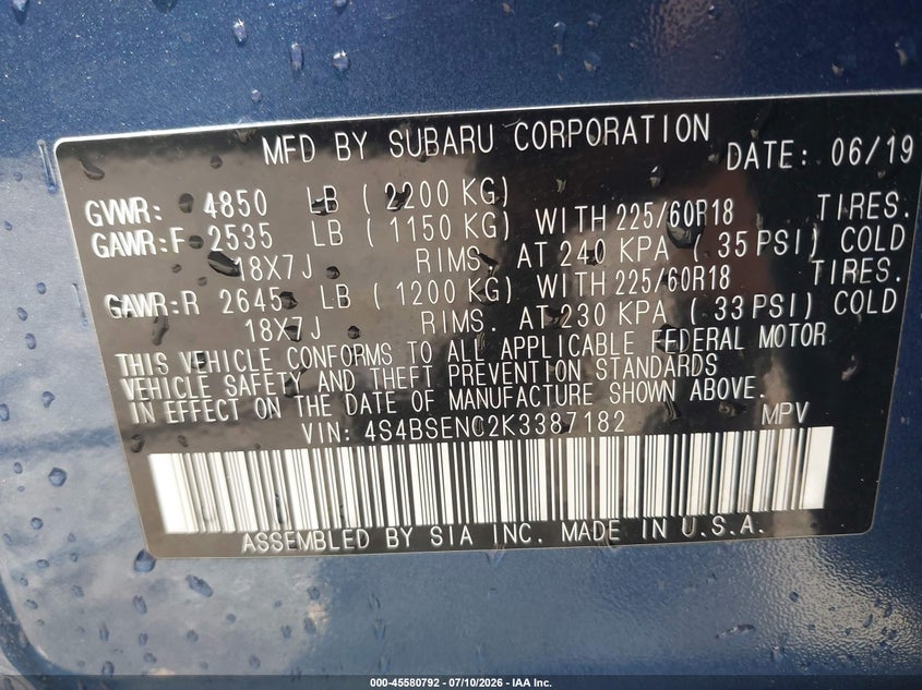 2019 Subaru Outback VIN 4S4BSENC2K3387182 IAAI salvage auction — FRONT END, Salvage (Virginia), sold $4,100 on 2026-07-25 (photo 9)