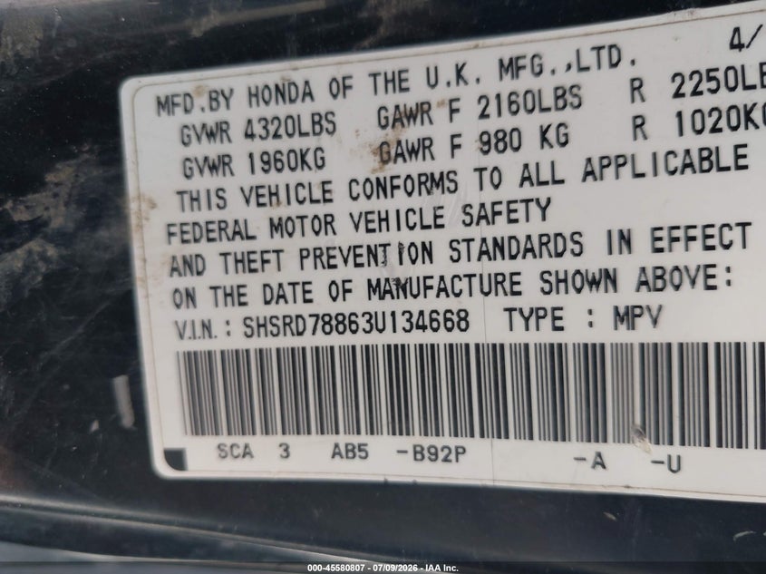 2003 Honda Cr-v VIN SHSRD78863U134668 IAAI salvage auction — RIGHT SIDE, Salvage (California), sold $525 on 2026-07-20 (photo 9)