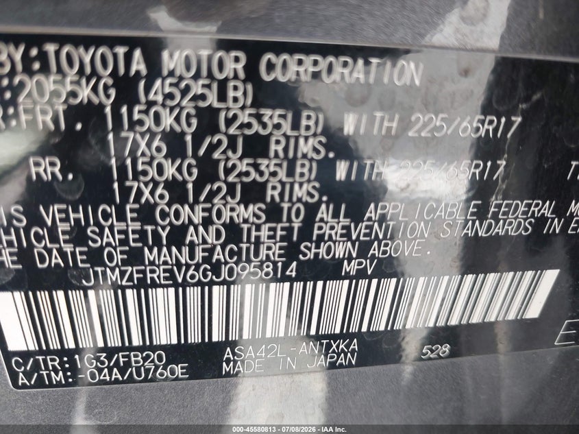 2016 Toyota Rav 4 VIN JTMZFREV6GJ095814 IAAI salvage auction — LEFT REAR, Salvage (California), sold $3,700 on 2026-07-29 (photo 9)