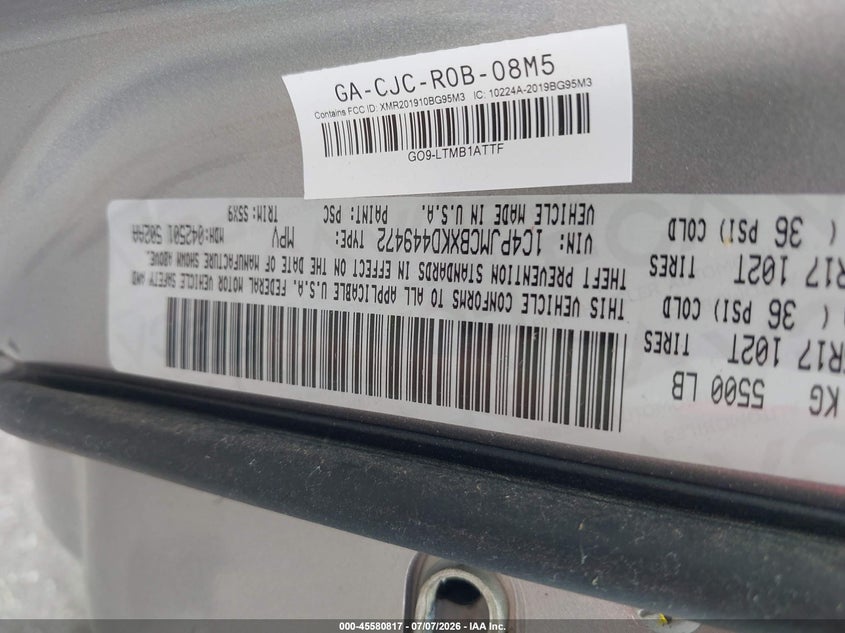 2019 Jeep Cherokee VIN 1C4PJMCBXKD449472 IAAI salvage auction — NORMAL WEAR, Sf97 (New York), sold $9,750 on 2026-07-31 (photo 9)