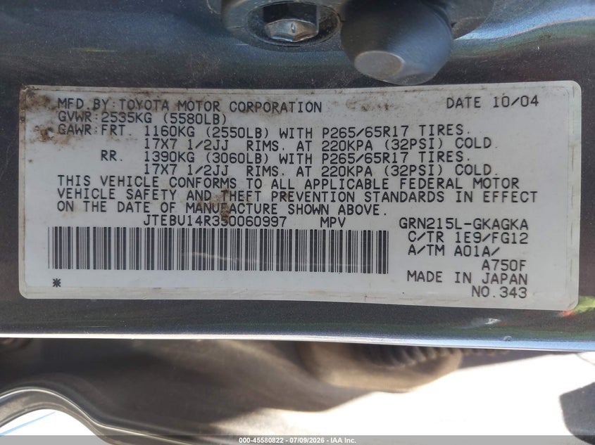 2005 Toyota 4runner VIN JTEBU14R350060997 IAAI salvage auction — NORMAL WEAR, Clear - Dealer Only (California), sold $3,000 on 2026-07-22 (photo 9)