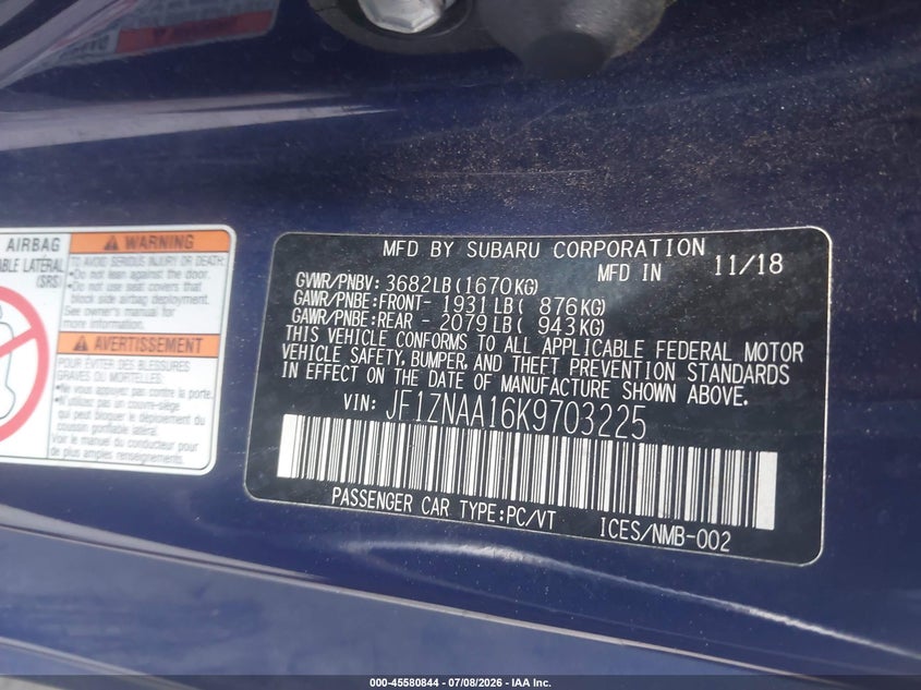 2019 Toyota Gt86 VIN JF1ZNAA16K9703225 IAAI salvage auction — FRONT & REAR, Rebuildable (Florida), sold $300 on 2026-07-28 (photo 9)