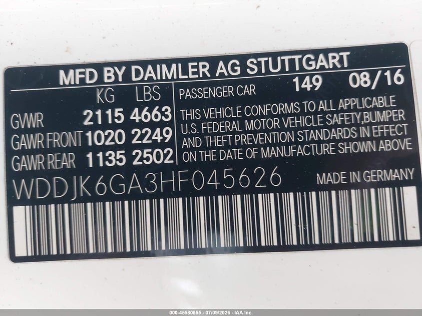2017 Mercedes-benz Sl-klasse VIN WDDJK6GA3HF045626 IAAI salvage auction — FRONT END, Salvage Title, sold $9,900 on 2026-08-14 (photo 9)