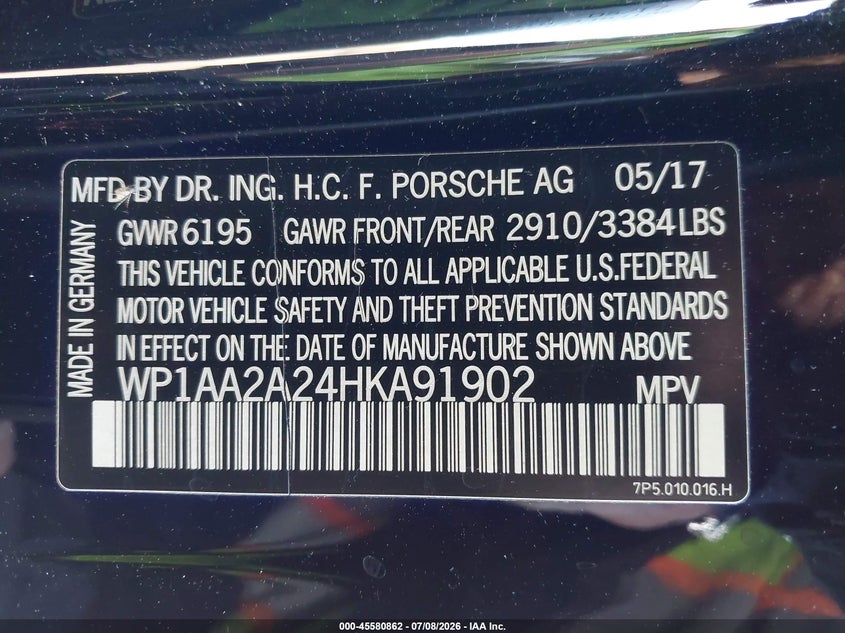 2017 Porsche Cayenne VIN WP1AA2A24HKA91902 IAAI salvage auction — REAR END, Salvage (California), sold $5,250 on 2026-07-29 (photo 9)