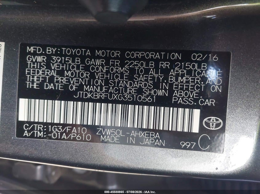 2016 Toyota Prius VIN JTDKBRFUXG3510561 IAAI salvage auction — ROLLOVER, Salvage (Idaho), sold $3,150 on 2026-07-29 (photo 9)
