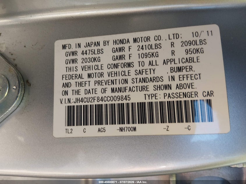 2012 Acura Tsx VIN JH4CU2F84CC009845 IAAI salvage auction — NORMAL WEAR, Salvage Title, sold $2,150 on 2026-07-15 (photo 9)