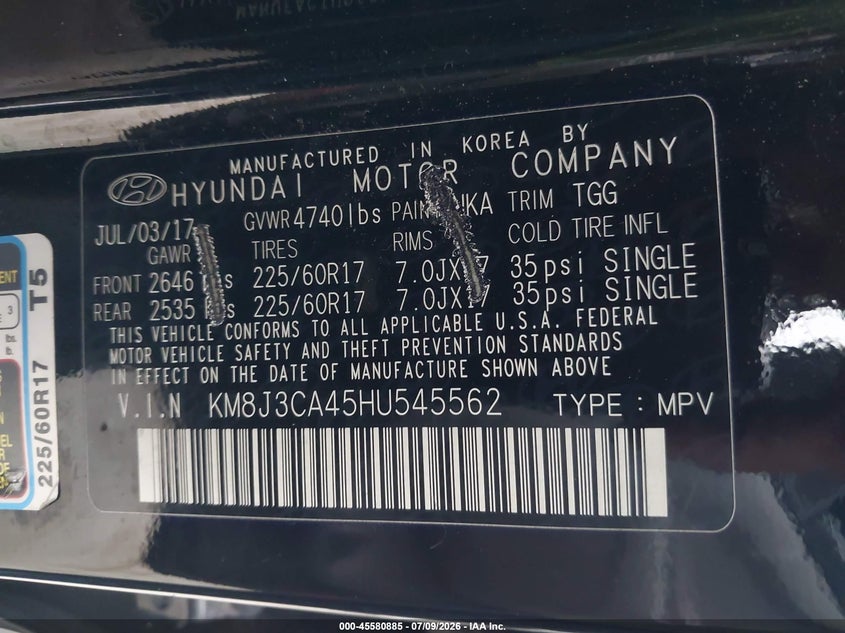 2017 Hyundai Tucson VIN KM8J3CA45HU545562 IAAI salvage auction — FRONT & REAR, Salvage - Greater Than 75% (Maryland), sold $1,000 on 2026-08-01 (photo 9)