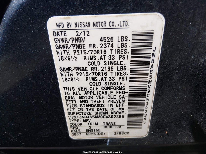 2012 Nissan Rogue VIN JN8AS5MV9CW392385 IAAI salvage auction — NORMAL WEAR, Clear (Virginia), sold $500 on 2026-07-23 (photo 9)
