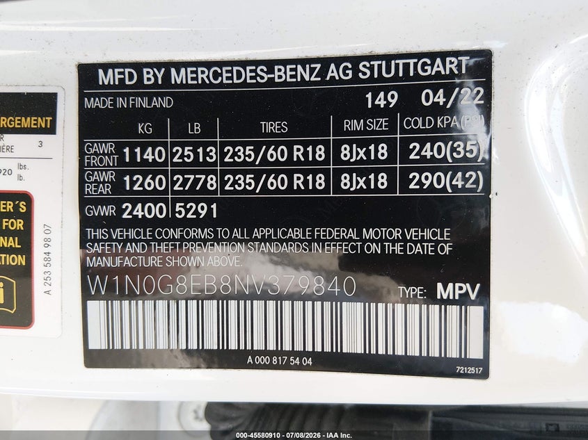 2022 Mercedes-benz Glc VIN W1N0G8EB8NV379840 IAAI salvage auction — FRONT & REAR, Salvage Title, sold $8,500 on 2026-08-02 (photo 9)