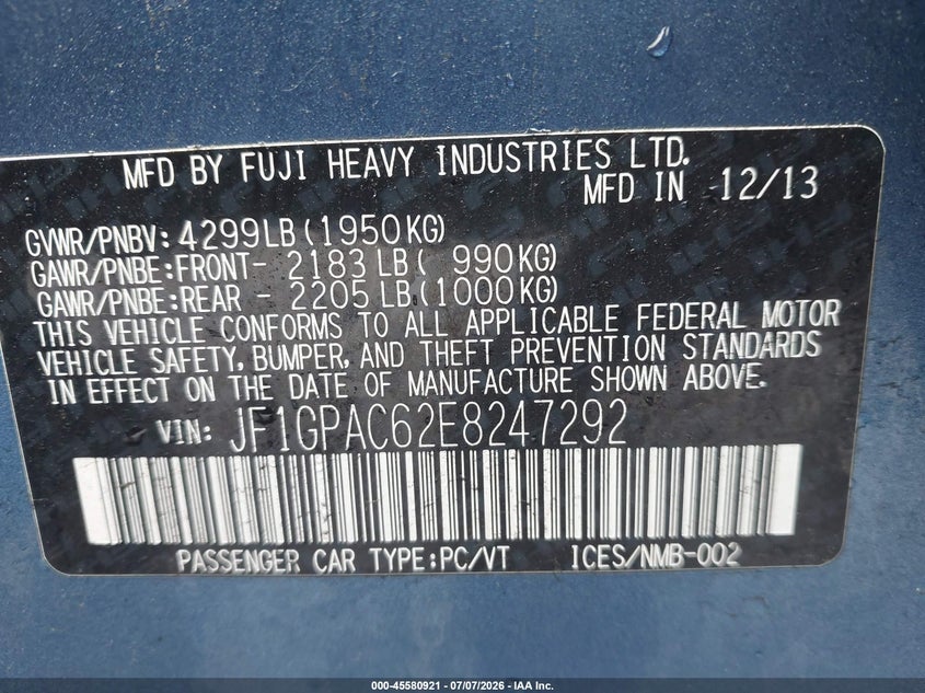 2014 Subaru Impreza VIN JF1GPAC62E8247292 IAAI salvage auction — NORMAL WEAR, Salvage Title, sold $600 on 2026-07-30 (photo 9)
