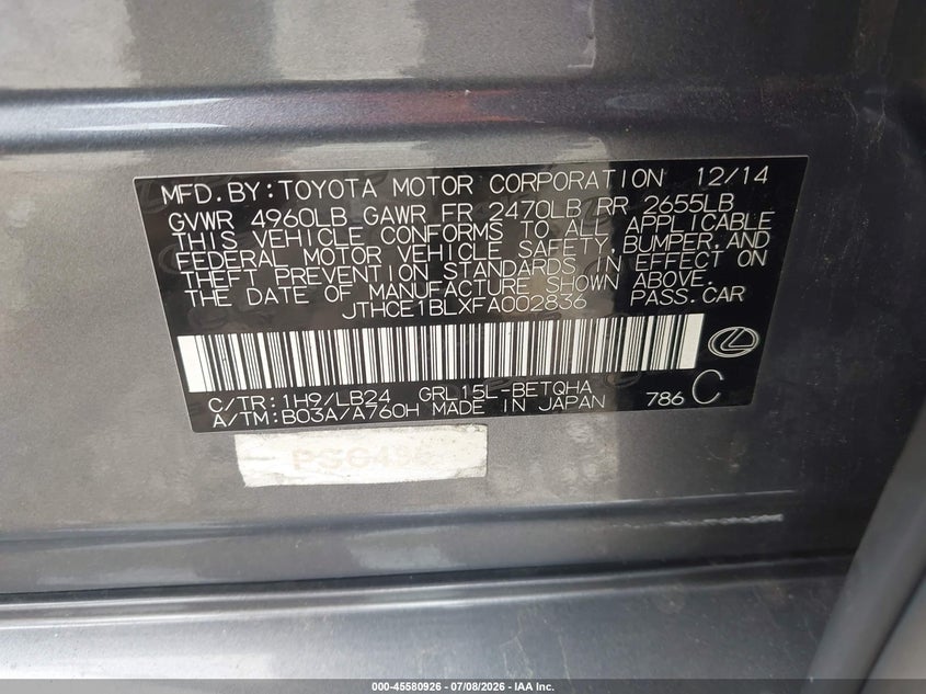 2015 Lexus Gs VIN JTHCE1BLXFA002836 IAAI salvage auction — FRONT & REAR, Salvage Title, sold $25 on 2026-07-28 (photo 9)