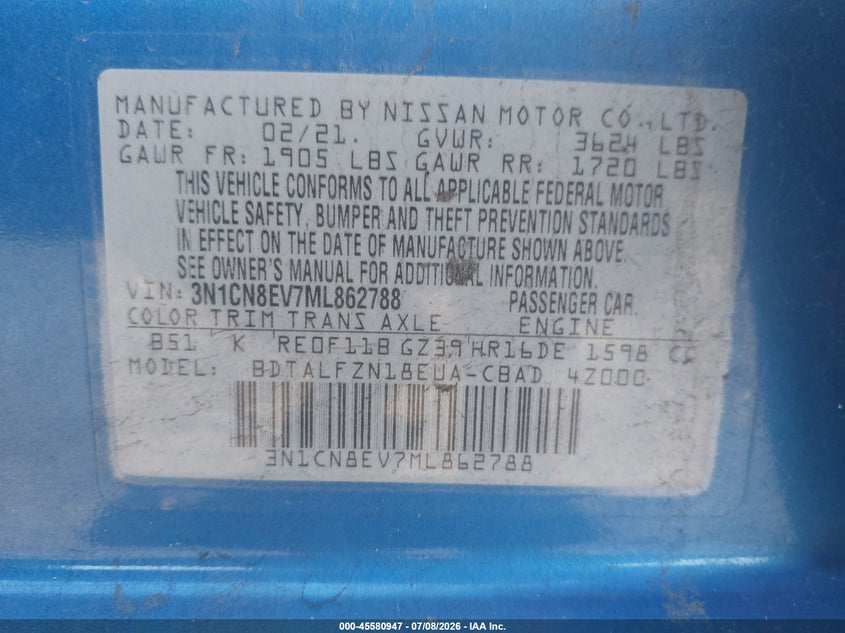 2021 Nissan Versa VIN 3N1CN8EV7ML862788 IAAI salvage auction — SIDE, Salvage (Pennsylvania), sold $1,550 on 2026-07-18 (photo 9)