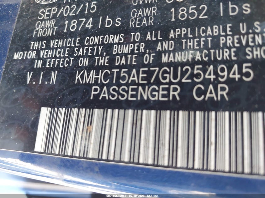 2016 Hyundai Accent VIN KMHCT5AE7GU254945 IAAI salvage auction — NORMAL WEAR, Clear (Arkansas), sold $600 on 2026-07-15 (photo 9)