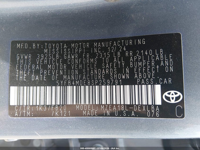 2025 Toyota Corolla VIN 5YFB4MDE8SP259791 IAAI salvage auction — LEFT FRONT, Salvage Title, sold $7,250 on 2026-07-15 (photo 9)