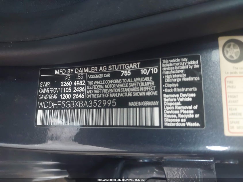 2011 Mercedes-benz E-class VIN WDDHF5GBXBA352995 IAAI salvage auction — FRONT END, Rebuildable (Florida), sold $300 on 2026-08-11 (photo 9)