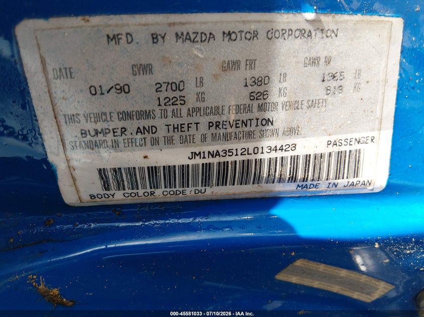 1990 Mazda Mx-5 miata VIN JM1NA3512L0134423 IAAI salvage auction — NORMAL WEAR, Clear (Alabama), sold $575 on 2026-07-28 (photo 9)