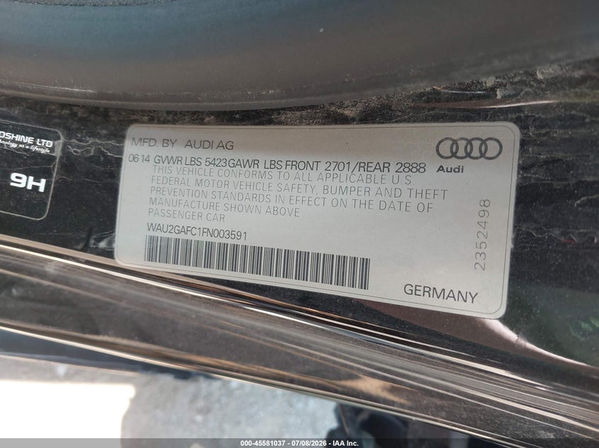 2015 Audi A7 VIN WAU2GAFC1FN003591 IAAI salvage auction — FRONT END, Salvage (Nebraska), sold $575 on 2026-07-30 (photo 9)