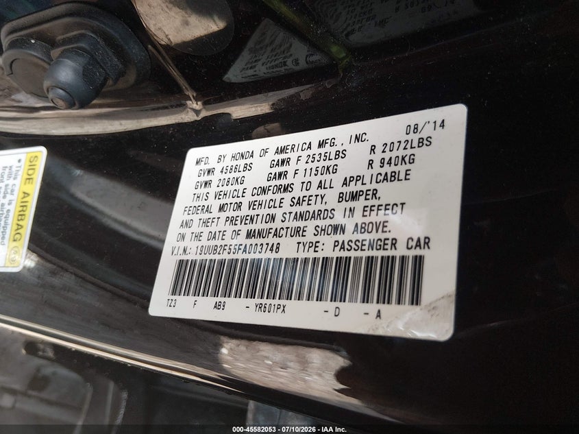 2015 Acura Tlx VIN 19UUB2F55FA003748 IAAI salvage auction — REAR END, Clear (Indiana), sold $5,250 on 2026-09-09 (photo 9)